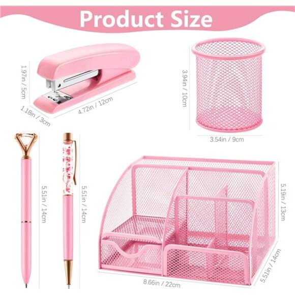 Pink office supplies set desk organizer stapler tape dispenser clips scissors - Picture 2 of 8